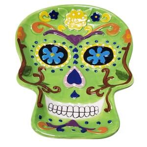 Darice Day of the Dead Green Skull Shaped Ceramic Dish Plate 8"x6"